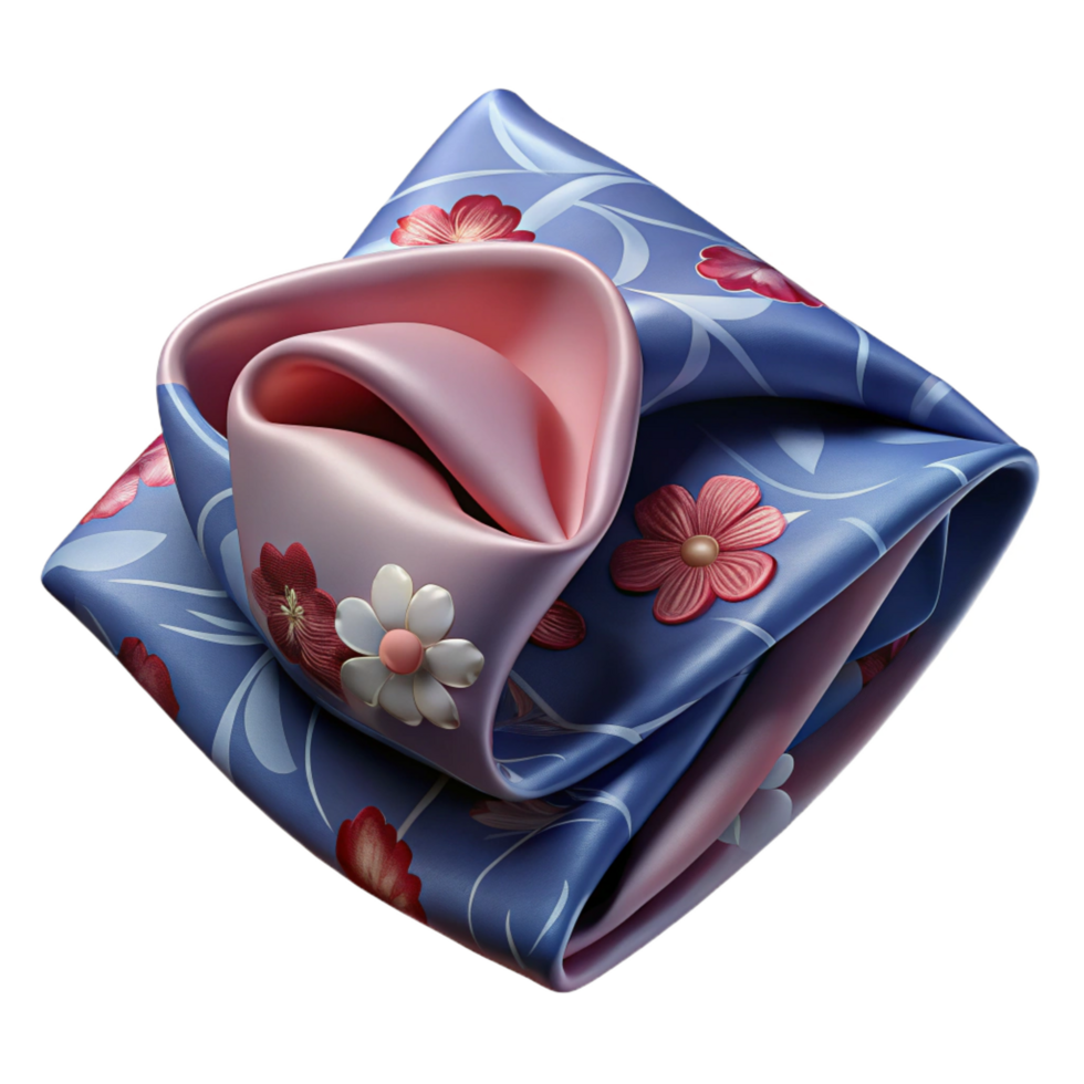 breathtaking signature Silk pocket square with a floral print, neatly folded, soft fabric, soft lighting, top-down view, isolateon transparent background,high-resolution product photography png
