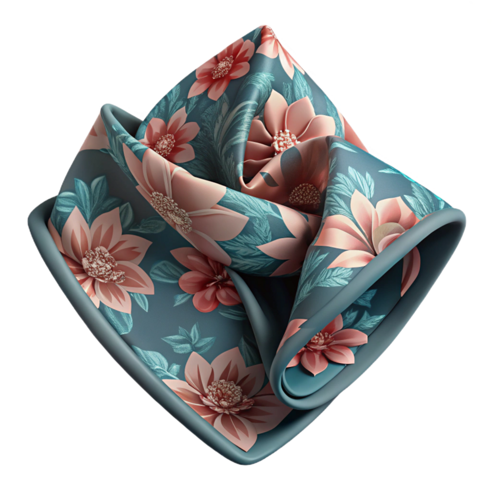 signature retro Silk pocket square with a floral print, neatly folded, soft fabric, soft lighting, top-down view, isolateon transparent background,high-resolution product photography 4K png
