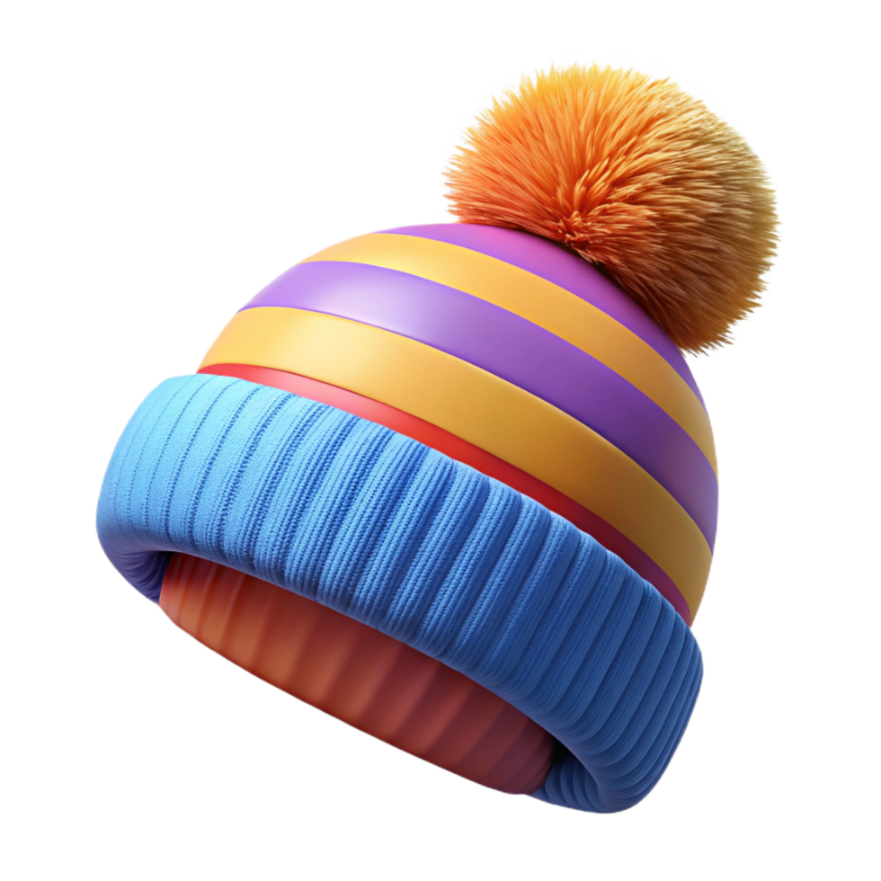 standout modern Cartoon-style, brightly colorestripebeanie with a large fluffy pompom, soft texture, front view, isolateon transparent background,high-resolution product photography fine detail png