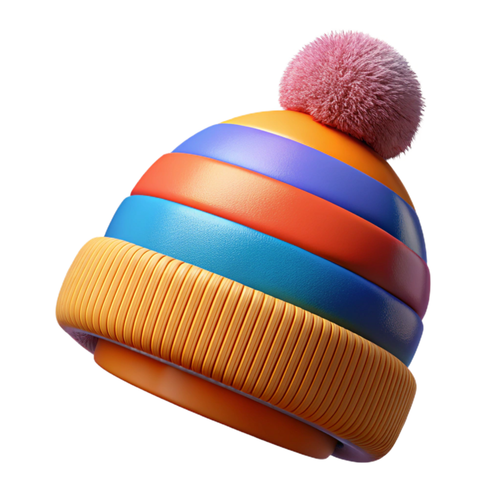 fascinating artistic Cartoon-style, brightly colorestripebeanie with a large fluffy pompom, soft texture, front view, isolateon transparent background,high-resolution product photography crisp png