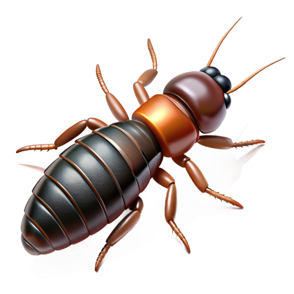 acclaimeorganic Earwig with cerci visible, dark brown body, detailelegs, side view, studio lighting, photorealistic, isolateon transparent background,high-resolution product photography impeccable png