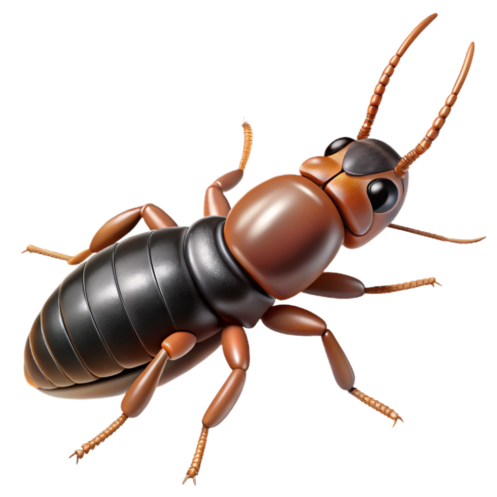 immaculate exemplary Earwig with cerci visible, dark brown body, detailelegs, side view, studio lighting, photorealistic, isolateon transparent background,high-resolution product photography png