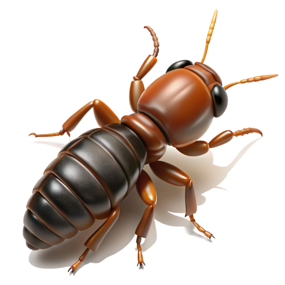 stunning exceptional Earwig with cerci visible, dark brown body, detailelegs, side view, studio lighting, photorealistic, isolateon transparent background,high-resolution product photography png