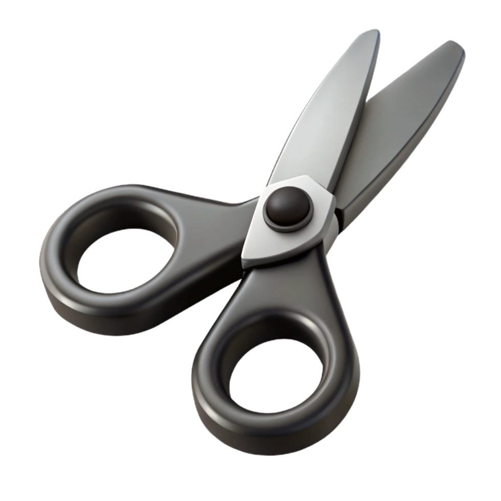 majestic remarkable A pair of sharp stainless steel scissors with black plastic handles, slightly open, studio lighting, isolateon transparent background,high-resolution product photography png