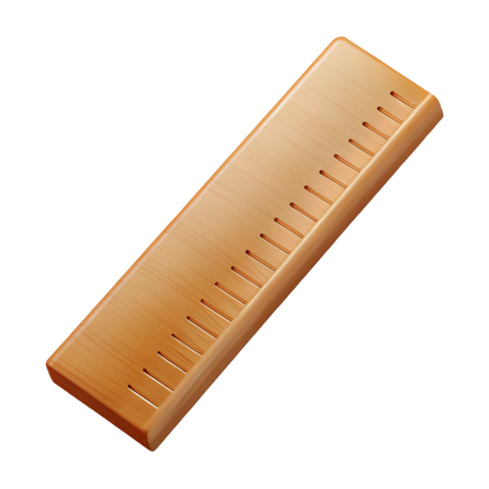 elegant avant-garde A wooden ruler with clear markings in inches ancentimeters, matte finish, top-down view, studio lighting, isolateon transparent background,high-resolution product photography sharp png