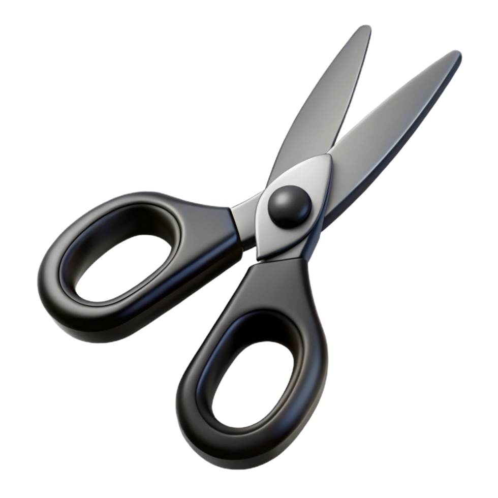 pristine traditional A pair of sharp stainless steel scissors with black plastic handles, slightly open, studio lighting, isolateon transparent background,high-resolution product photography 4K png