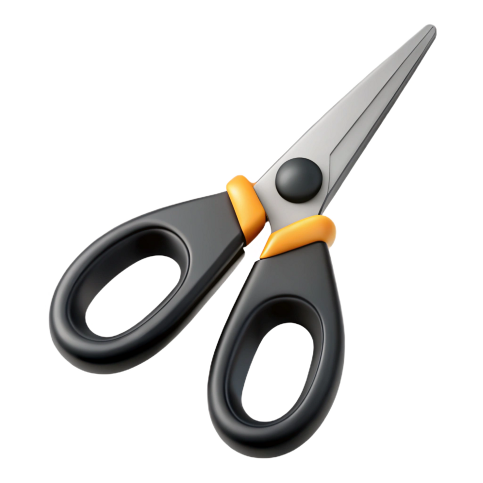 beautiful exemplary A pair of sharp stainless steel scissors with black plastic handles, slightly open, studio lighting, isolateon transparent background,high-resolution product photography png