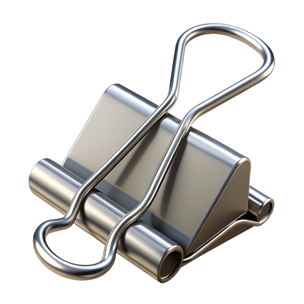 pristine mysterious contemporary A metallic silver binder clip with a strong spring, matte finish, dramatic lighting, isolateon transparent background,high-resolution product photography 8K png