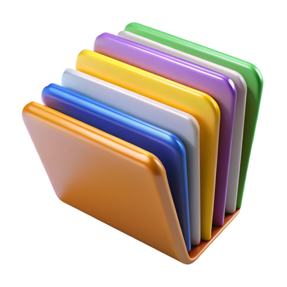 elegant bohemian A stack of multicolorefile folders, slightly fanned, matte finish, front view, studio lighting, with transparent background,high-resolution product photography masterfully captured png