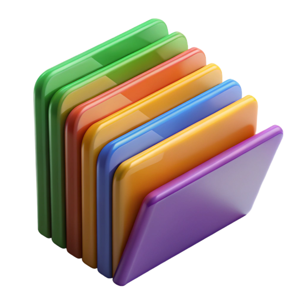 hypnotic minimalist A stack of multicolorefile folders, slightly fanned, matte finish, front view, studio lighting, with transparent background,high-resolution product photography masterfully captured png