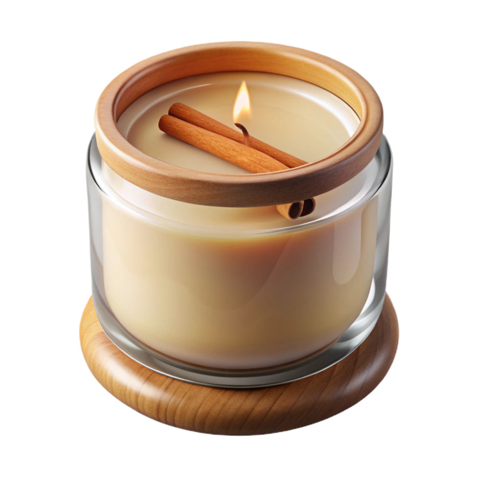 gorgeous nordic Scentejar candle with a wooden lid, cinnamon stick accent, soft glow, warm lighting, top-down view, isolateon transparent background,high-resolution product photography expertly shot png