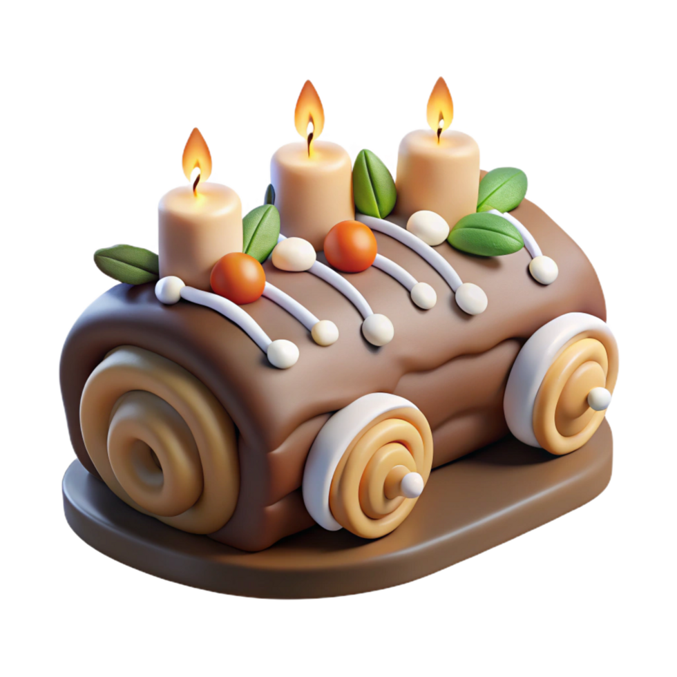 spectacular surreal Yule log cake with lit candles anmeringue mushrooms, side view, studio lighting, isolateon transparent background,high-resolution product photography genuine png