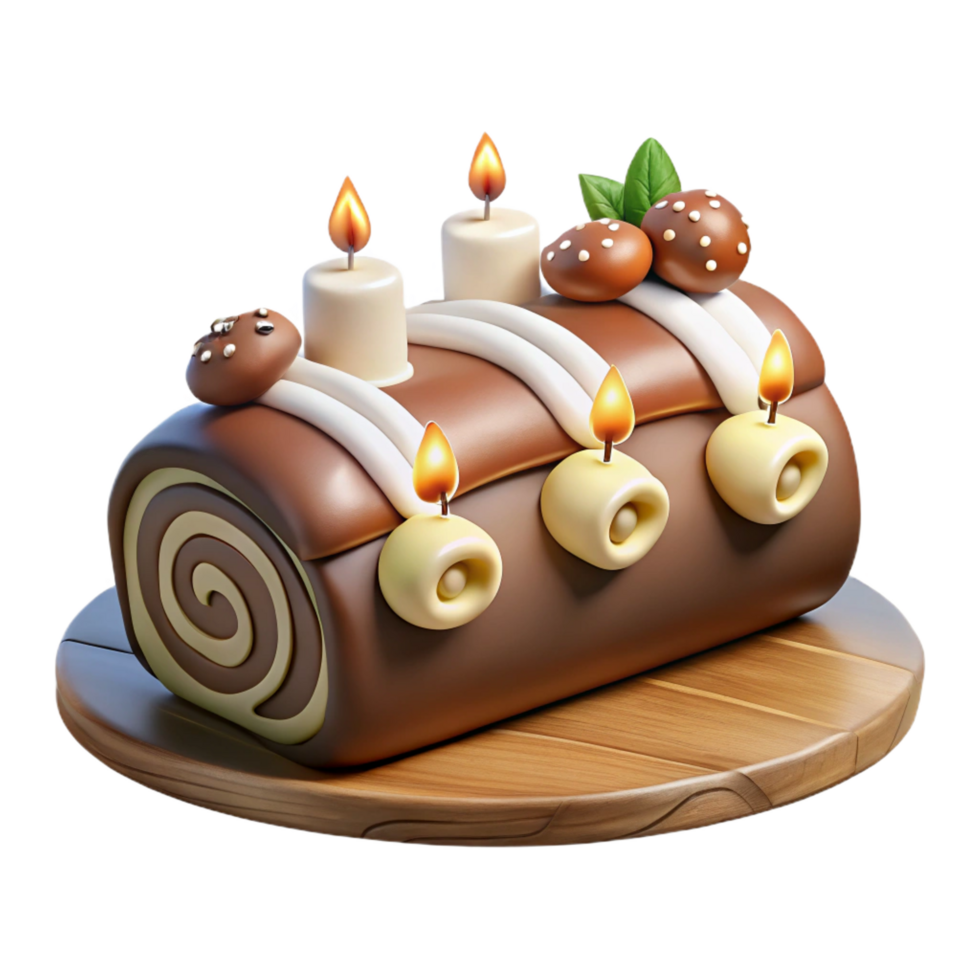joyful stunning Yule log cake with lit candles anmeringue mushrooms, side view, studio lighting, isolateon transparent background,high-resolution product photography ultra HD png
