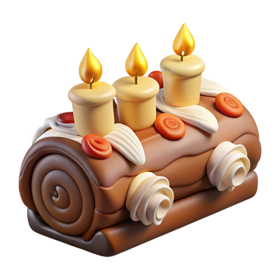 impressive intense surreal Yule log cake with lit candles anmeringue mushrooms, side view, studio lighting, isolateon transparent background,high-resolution product photography expertly shot png