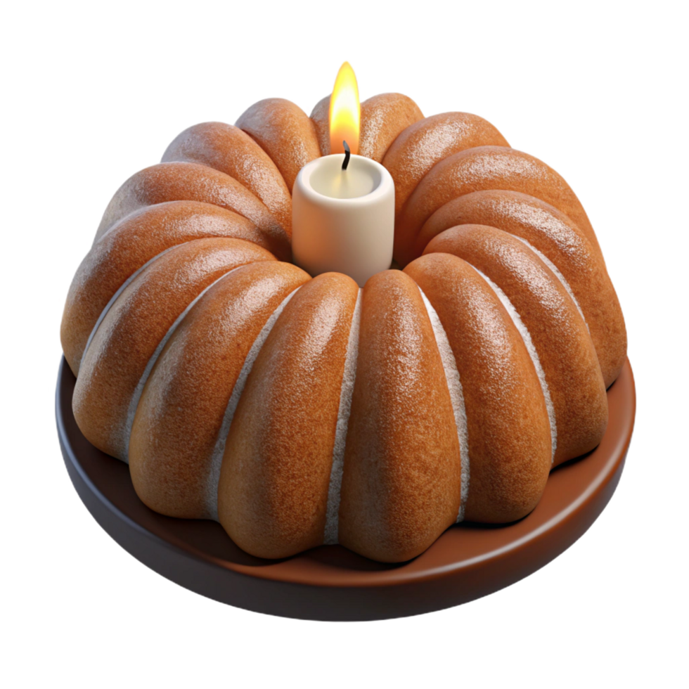 sumptuous unparalleleBundt cake with a single lit candle in the center, powderesugar dusting, top-down view, studio lighting, isolateon transparent background,high-resolution product photography png