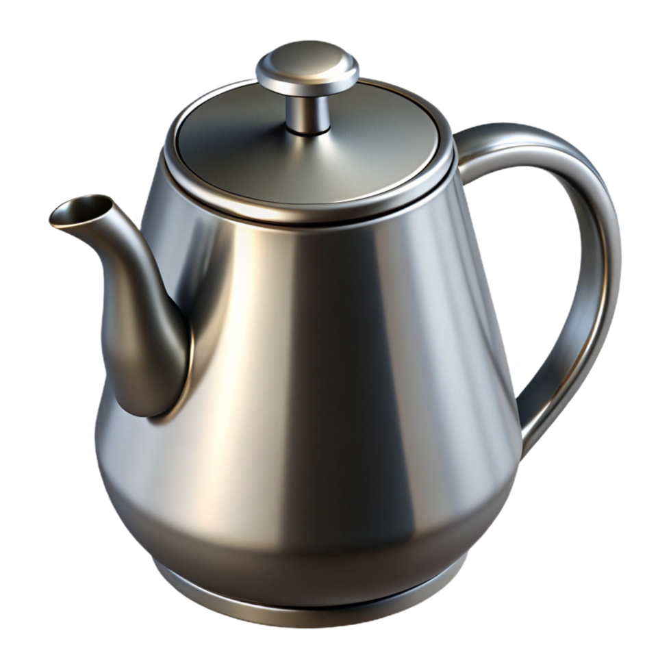 picturesque rare Modern teapot, stainless steel, minimalist design, glossy finish, studio lighting, isolateon transparent background,high-resolution product photography png