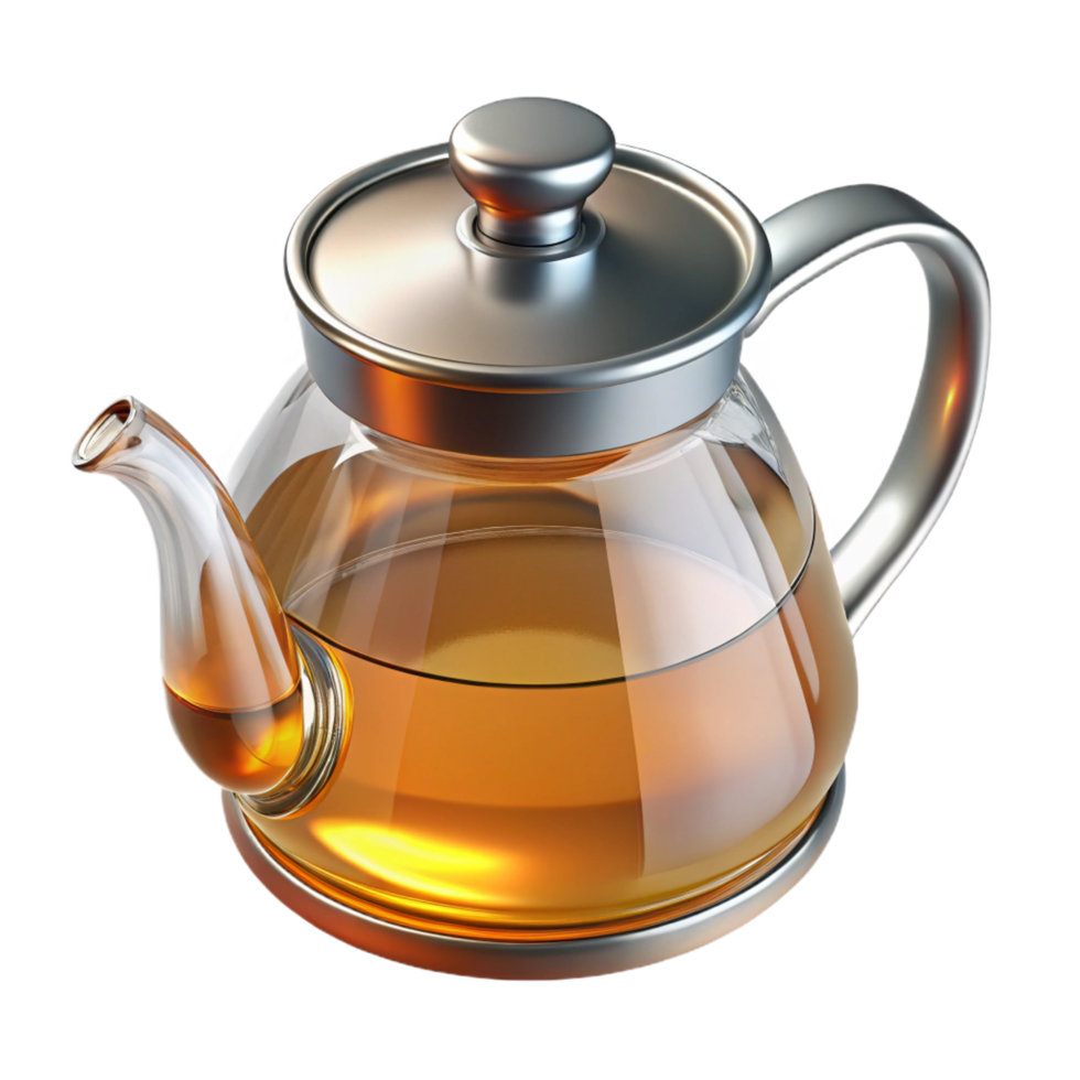 extraordinary unparalleleGlass teapot, clear with a stainless steel handle, fillewith amber liquid, studio lighting, side view, isolateon transparent background,high-resolution product photography png