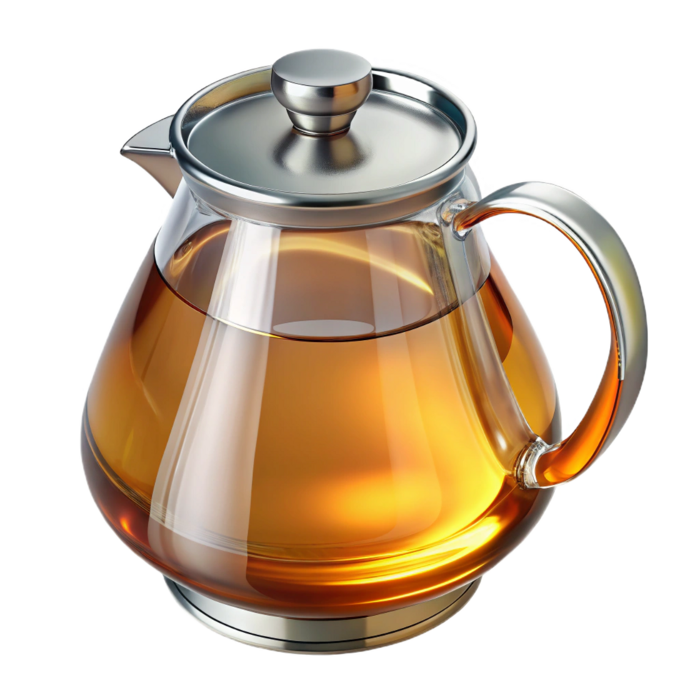 pristine unforgettable Glass teapot, clear with a stainless steel handle, fillewith amber liquid, studio lighting, side view, isolateon transparent background,high-resolution product photography png