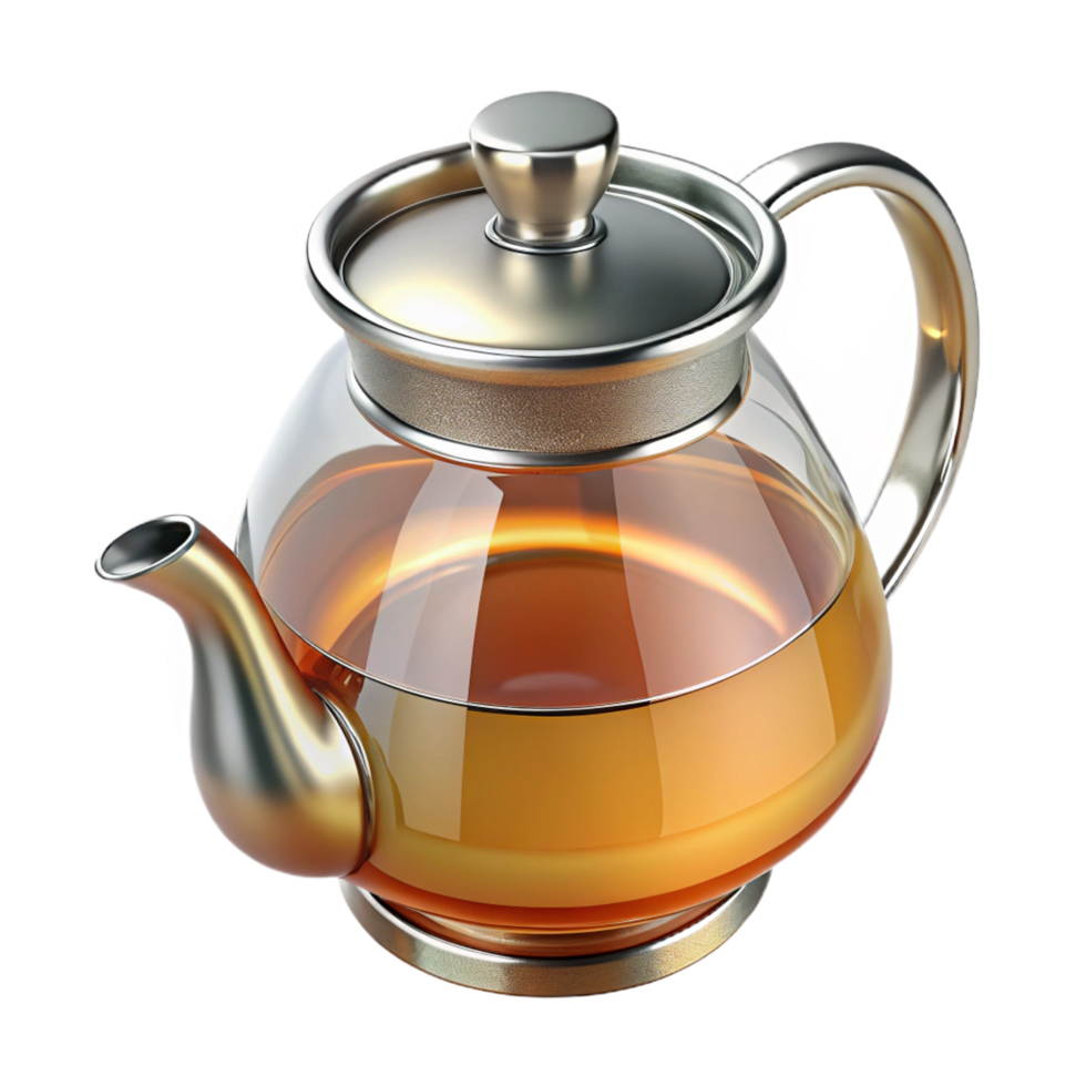 covetecreative Glass teapot, clear with a stainless steel handle, fillewith amber liquid, studio lighting, side view, isolateon transparent background,high-resolution product photography precision png