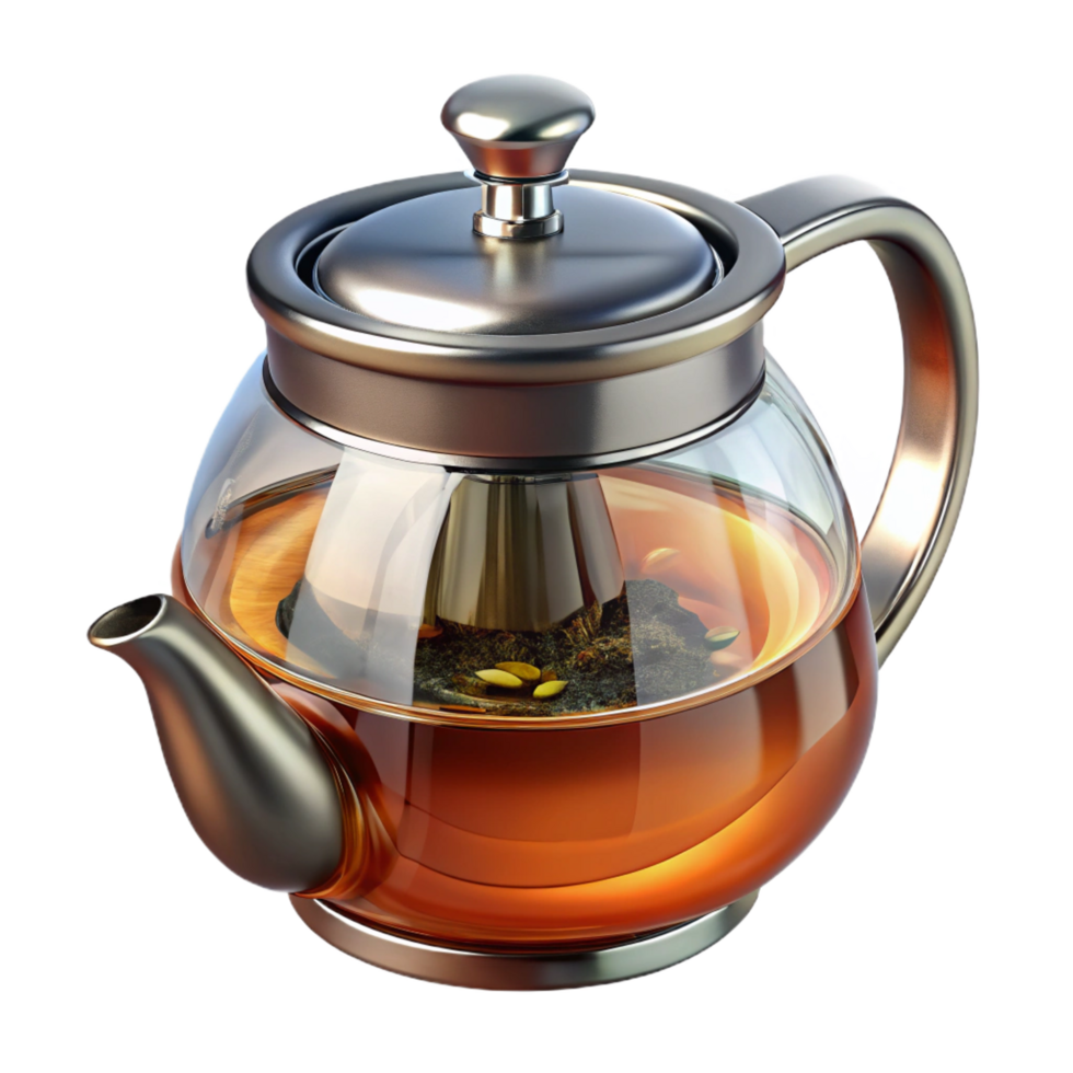 immaculate iconic Teapot with infuser, glass anstainless steel, fillewith tea leaves, studio lighting, front view, isolateon transparent background,high-resolution product photography png