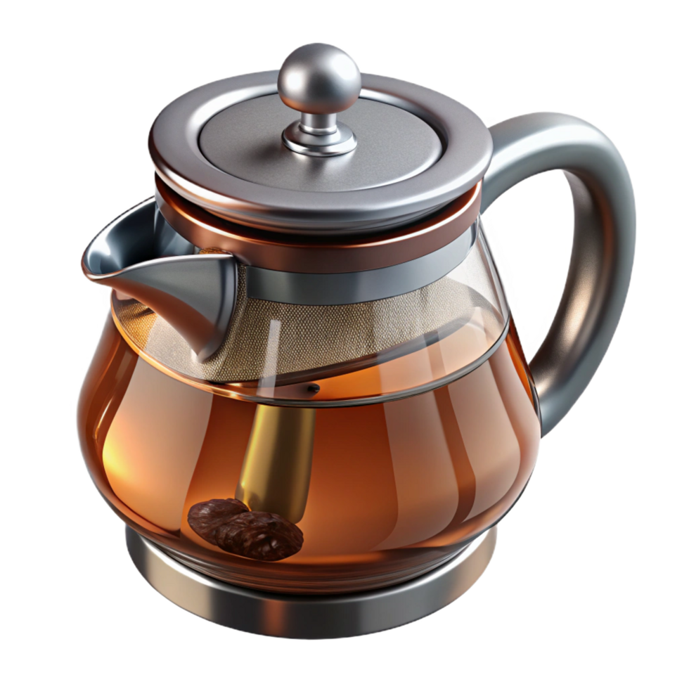 harmonious stunning Teapot with infuser, glass anstainless steel, fillewith tea leaves, studio lighting, front view, isolateon transparent background,high-resolution product photography original png