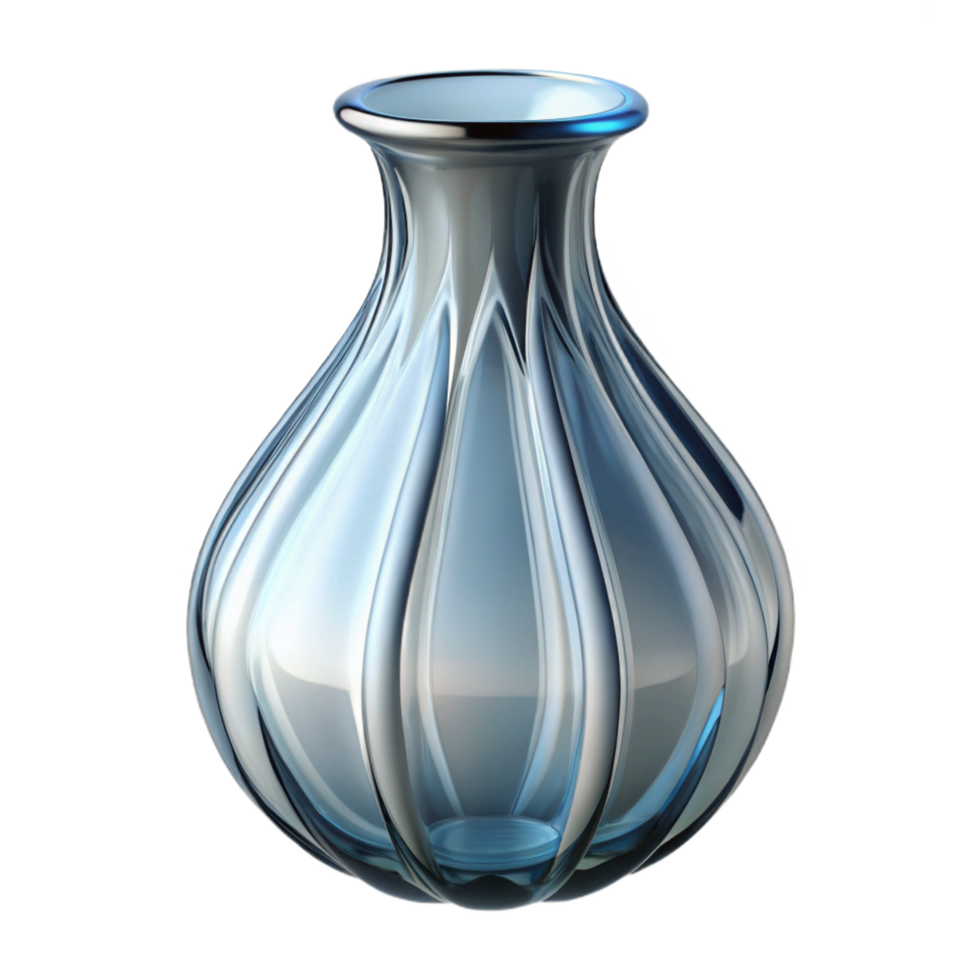 spectacular reflective nordic Buvase, clear glass, delicate shape, studio lighting, side view, isolateon transparent background,high-resolution product photography crisp png