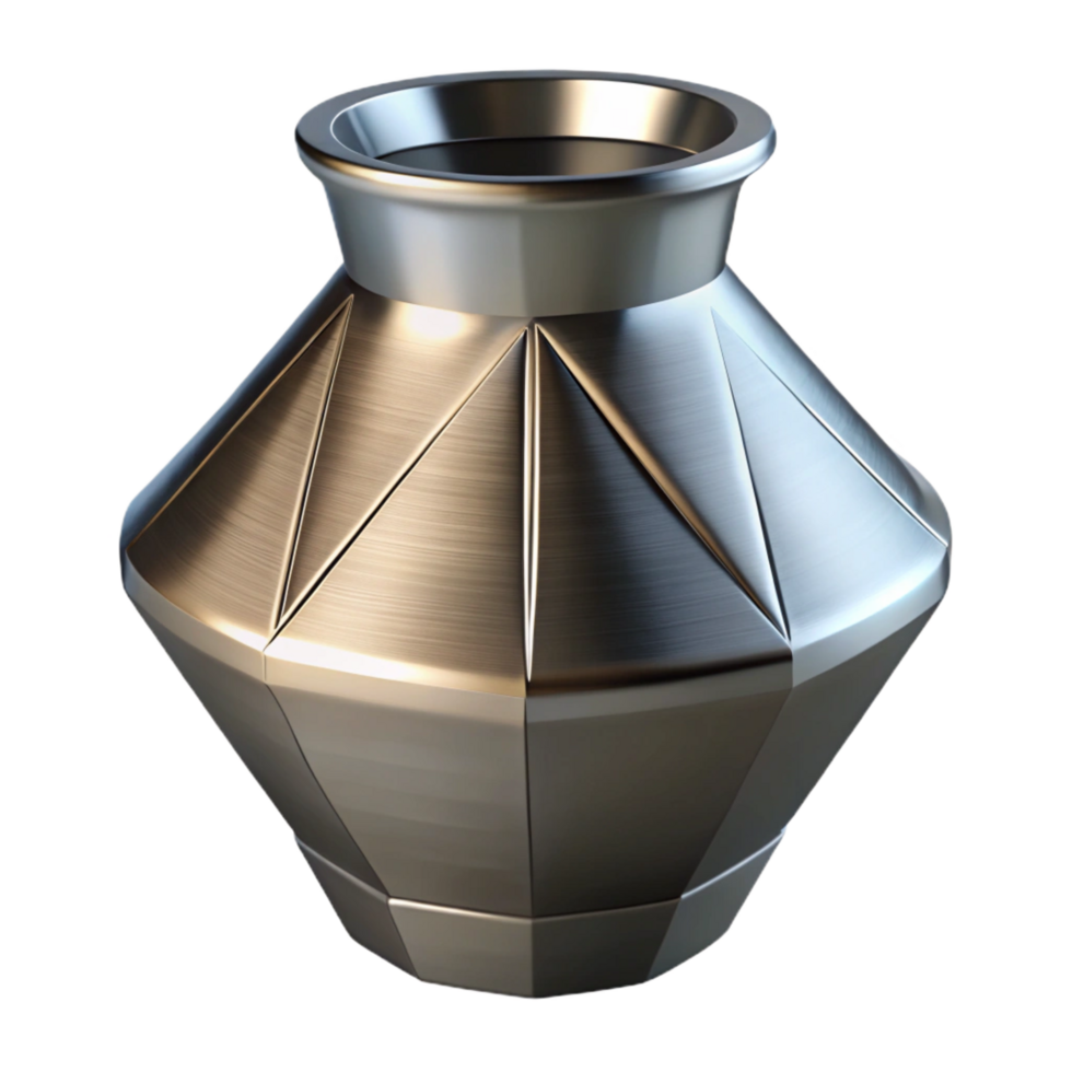 exemplary abstract Metal vase, geometric design, brushenickel finish, dramatic lighting, isolateon transparent background,high-resolution product photography flawless png