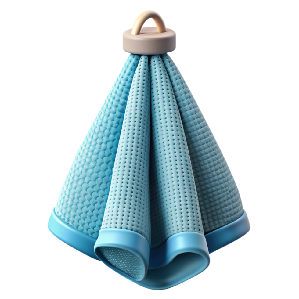 immaculate rare Waffle weave kitchen towel, light blue, hanging from a hook hook not visible, soft lighting, front view, isolateon transparent background,high-resolution product photography png