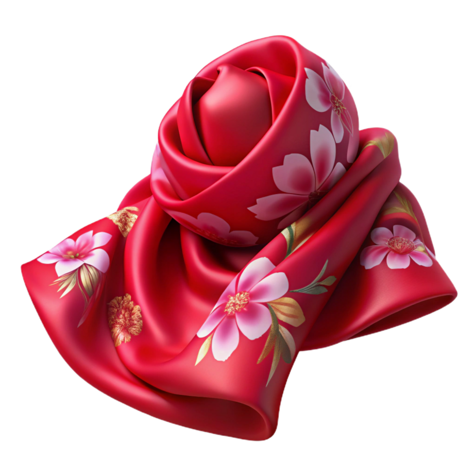 intense spectacular A resilk scarf with hand-paintefloral pattern, flowing fabric, soft lighting, top-down view, isolateon transparent background,high-resolution product photography luxury png