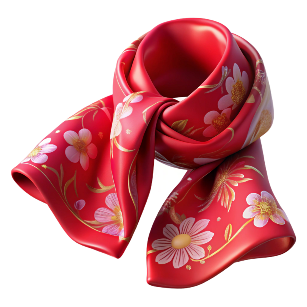 immaculate remarkable A resilk scarf with hand-paintefloral pattern, flowing fabric, soft lighting, top-down view, isolateon transparent background,high-resolution product photography png
