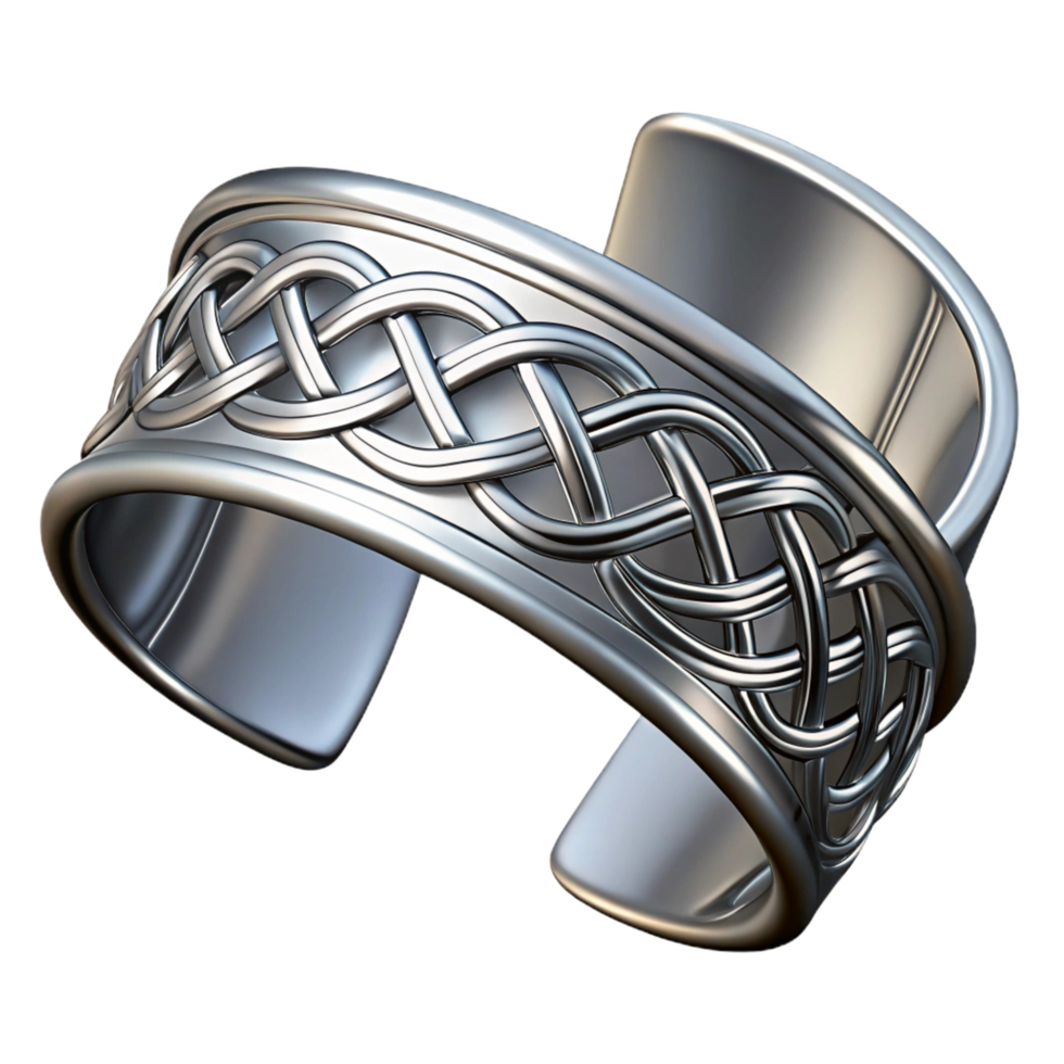 immaculate remarkable A sleek, silver cuff bracelet with intricate Celtic knotwork, highly polished, reflecting studio lighting, isolateon transparent background,high-resolution product photography png