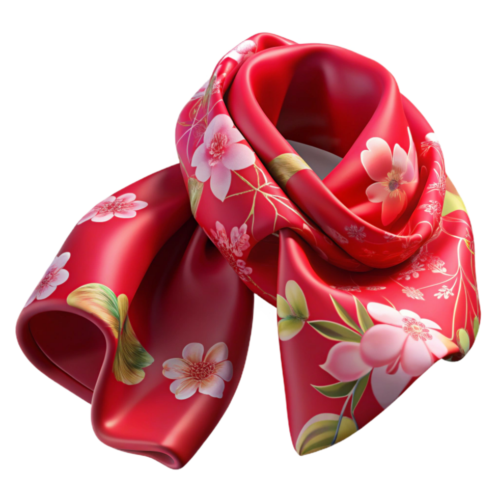 romantic dazzling A resilk scarf with hand-paintefloral pattern, flowing fabric, soft lighting, top-down view, isolateon transparent background,high-resolution product photography precision png