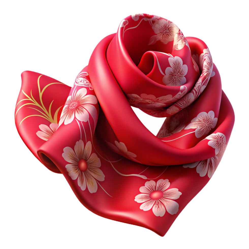 dreamy magnificent A resilk scarf with hand-paintefloral pattern, flowing fabric, soft lighting, top-down view, isolateon transparent background,high-resolution product photography professional png