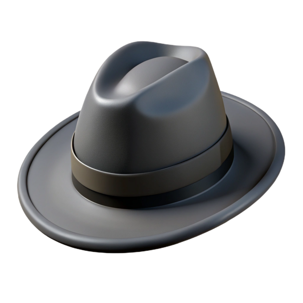 immaculate ethereal minimalist A stylish fedora hat made of felt, dark gray color, soft lighting, isolateon transparent background,high-resolution product photography museum quality png