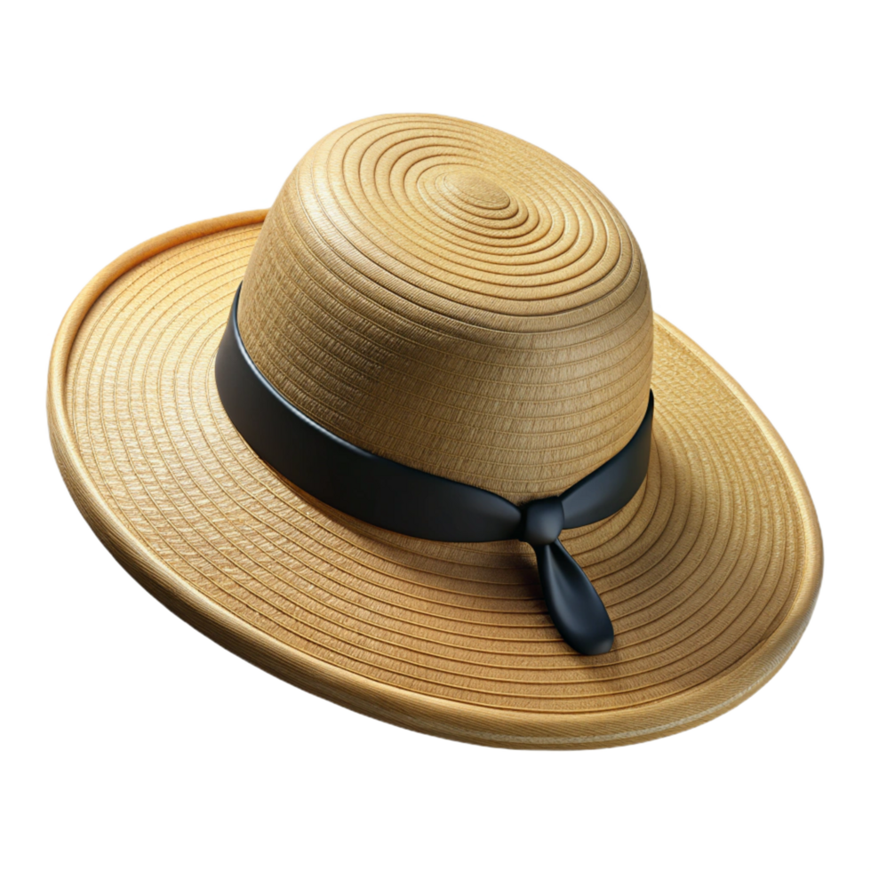glorious exemplary A wide-brimmestraw hat with a black ribbon, woven texture, soft lighting, top-down view, isolateon transparent background,high-resolution product photography png