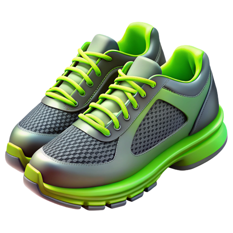 picturesque celebrateA pair of running shoes with neon green accents, breathable mesh fabric, studio lighting, side view, isolateon transparent background,high-resolution product photography png
