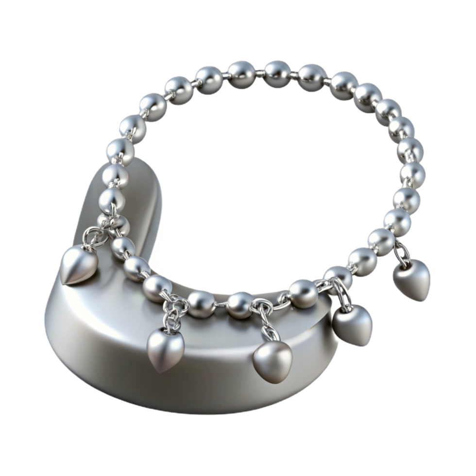mesmerizing exemplary A delicate silver anklet with small charms, shimmering under soft lighting, isolateon transparent background,high-resolution product photography png