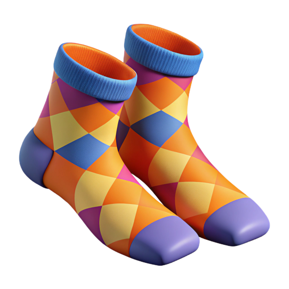 exceptional retro A pair of colorful socks with a geometric pattern, knittefabric, soft lighting, front view, isolateon transparent background,high-resolution product photography studio quality png