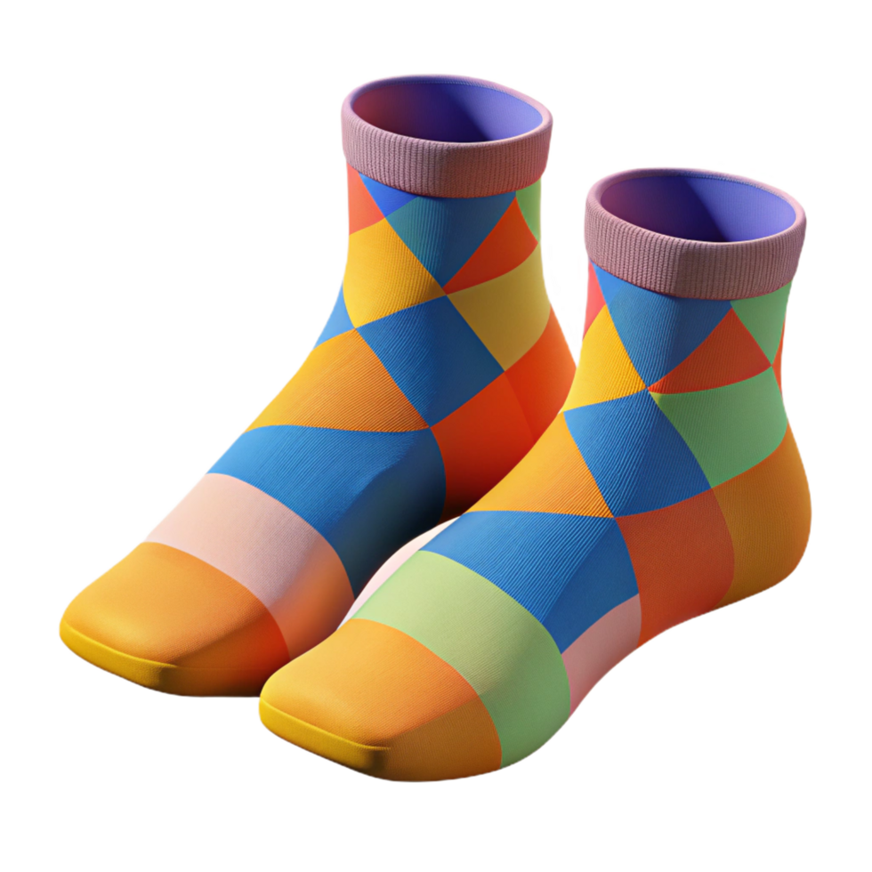 acclaimebohemian A pair of colorful socks with a geometric pattern, knittefabric, soft lighting, front view, isolateon transparent background,high-resolution product photography refined png