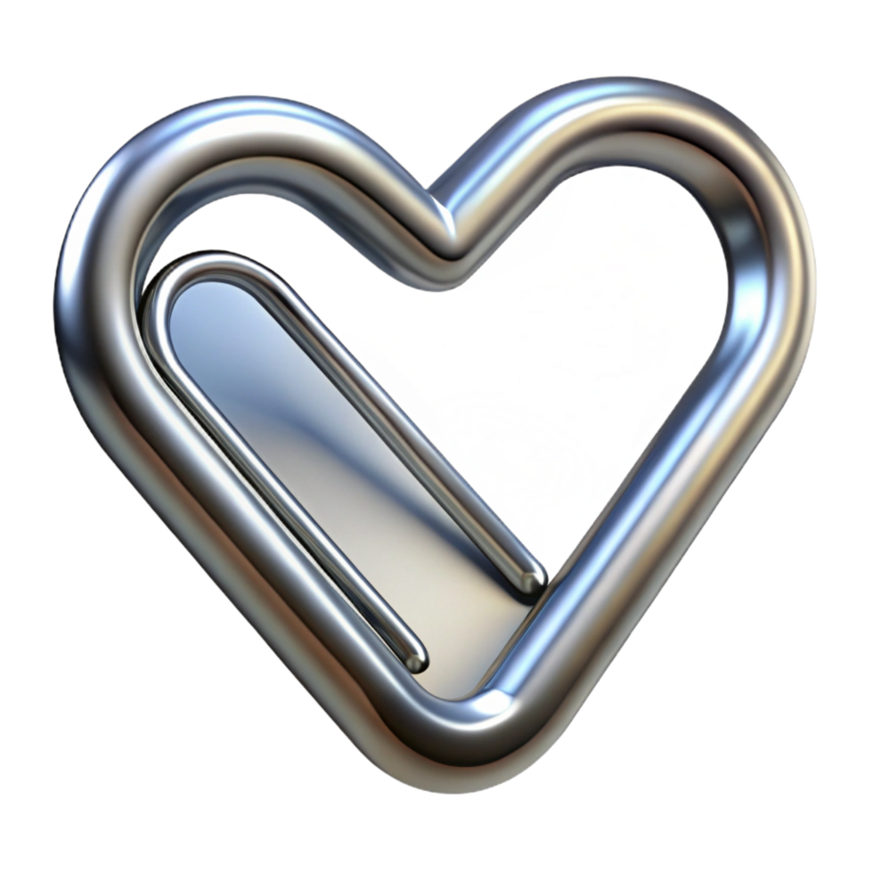 dramatic memorable Paperclip, silver, bent into a heart shape, soft lighting, front view, artistic, isolateon transparent background,high-resolution product photography png
