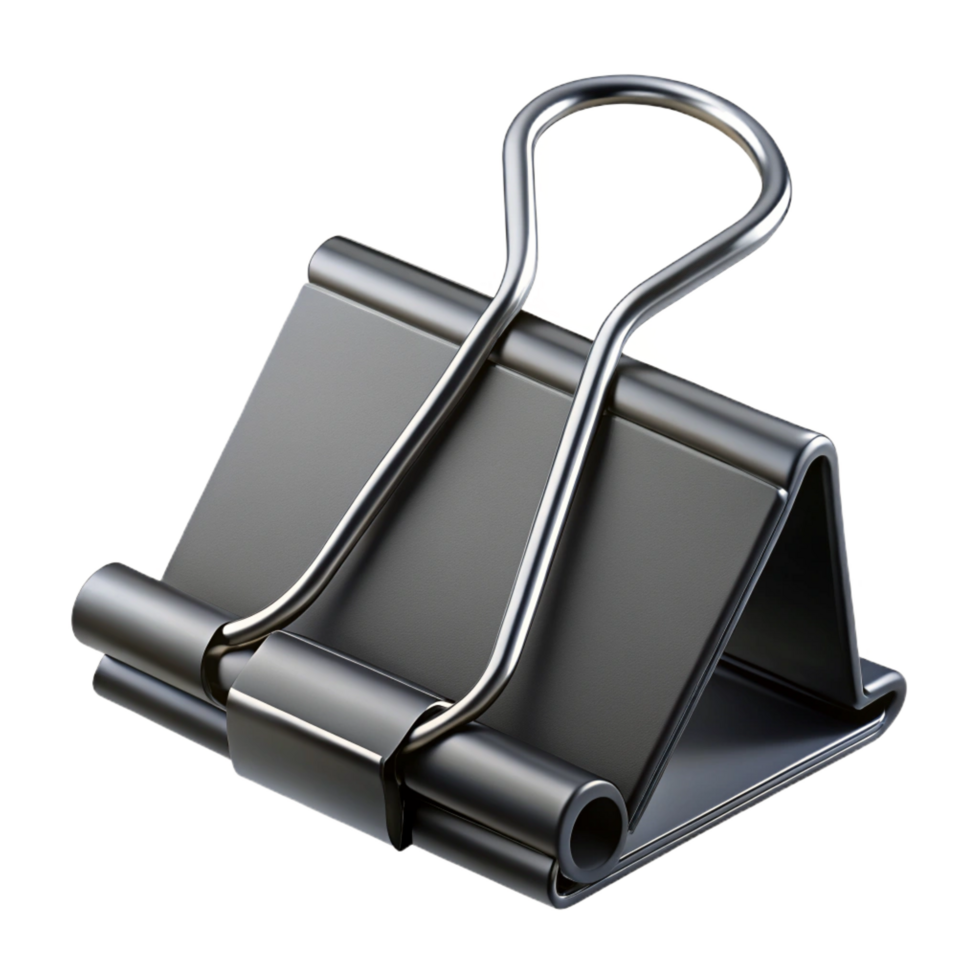 impressive calm mid-century Binder clip, black metal, large size, open, studio lighting, front view, photorealistic, isolateon transparent background,high-resolution product photography sharp png