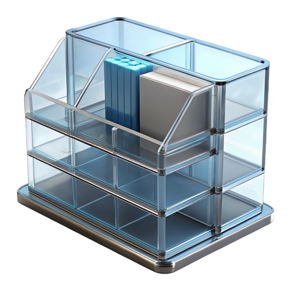 enchanting iconic Desk organizer, clear acrylic, multiple compartments, empty, studio lighting, front view, photorealistic, isolateon transparent background,high-resolution product photography png