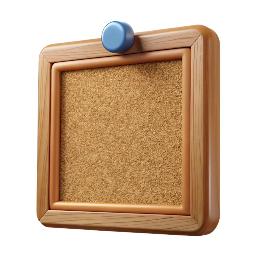reflective serene Corkboard, brown cork, framein wood, empty, studio lighting, front view, photorealistic, isolateon transparent background,high-resolution product photography expertly shot png
