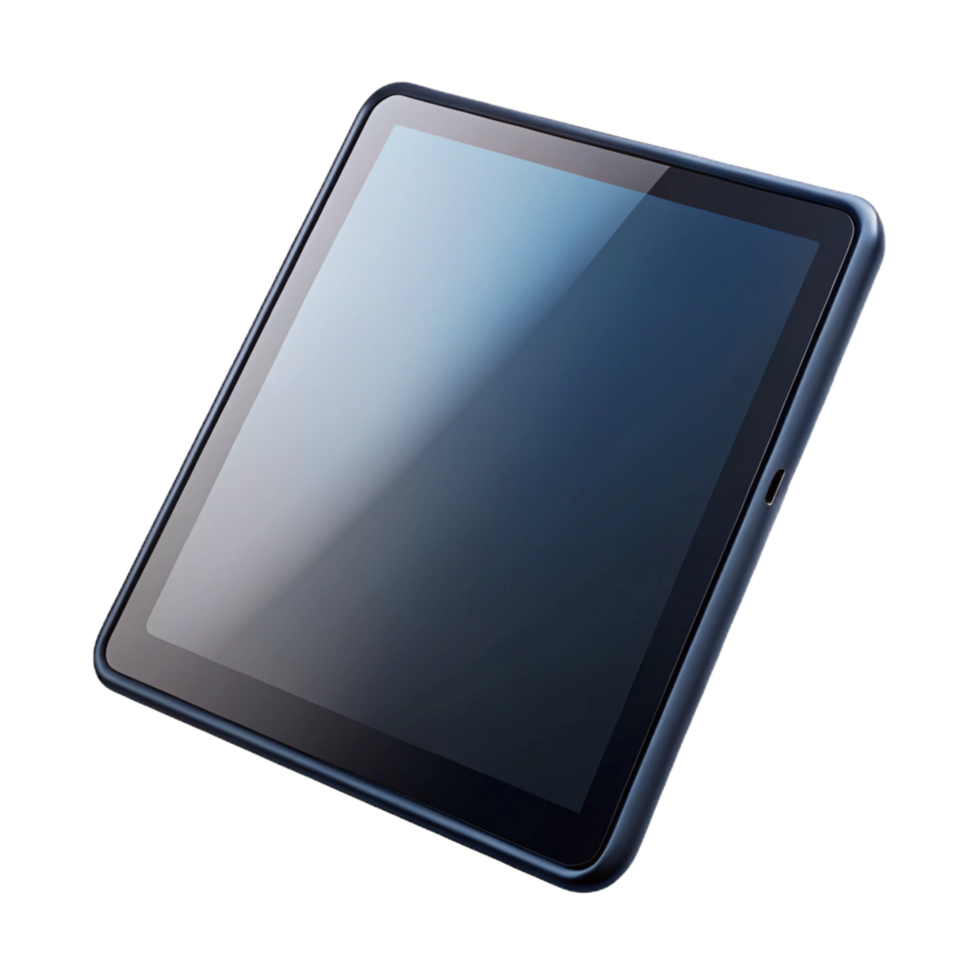nostalgic stunning Tablet computer, black glass screen, thin bezel, front view, studio lighting, detaileillustration, isolateon transparent background,high-resolution product photography fine detail png