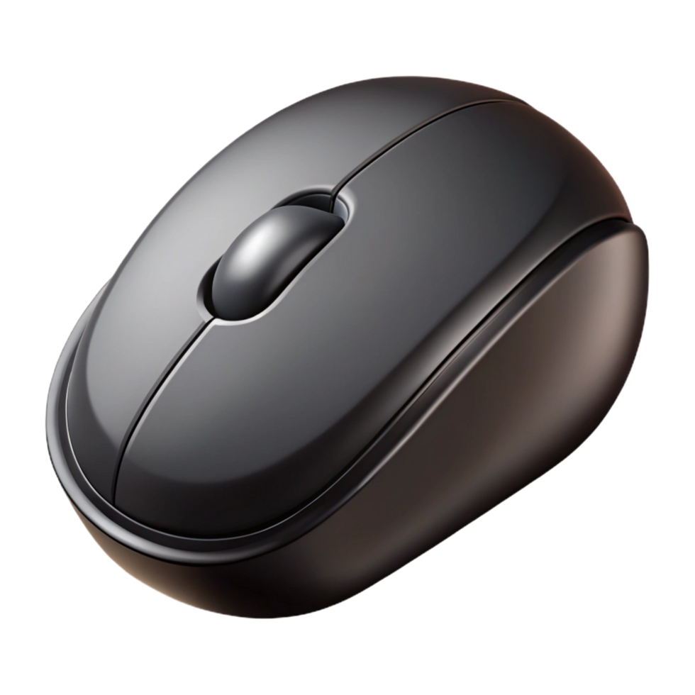 wonderful timeless Computer mouse, ergonomic design, black plastic, scroll wheel, front studio lighting, detaileillustration, isolateon transparent background,high-resolution product photography png