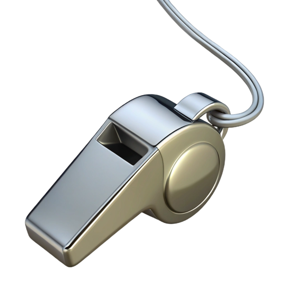 pristine unforgettable Shiny silver whistle, metallic finish, lanyarattached, studio lighting, top-down view, minimalist style, isolateon transparent background,high-resolution product photography png