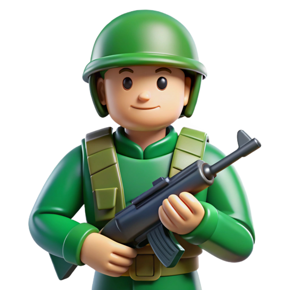 picturesque rustic Plastic toy soldier with green uniform, holding a rifle, matte finish, studio lighting, front view, isolateon transparent background,high-resolution product photography crisp png