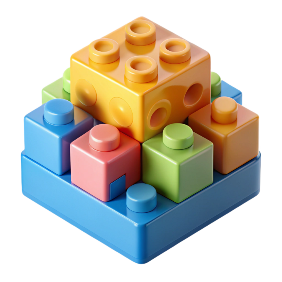 memorable mid-century Children's building blocks, various shapes ancolors, plastic material, soft lighting, top-down view, isolateon transparent background,high-resolution product photography elite png