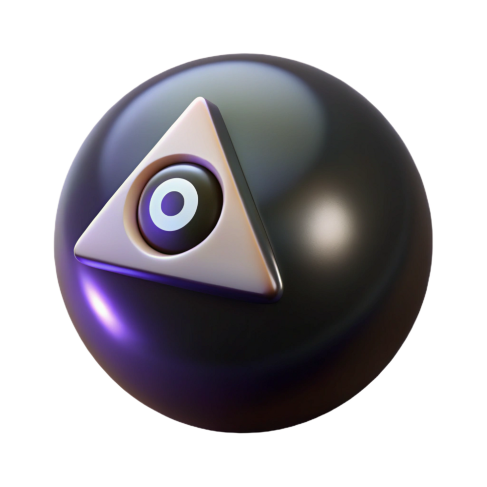serene unparalleleMagic -ball with floating answer triangle, glossy black plastic, studio lighting, front view, icon style, isolateon transparent background, png