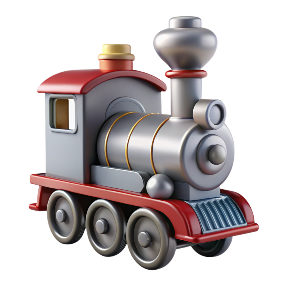captivating remarkable Toy train locomotive, metallic finish, detailesmokestack anwheels, studio lighting, side view, isolateon transparent background,high-resolution product photography png